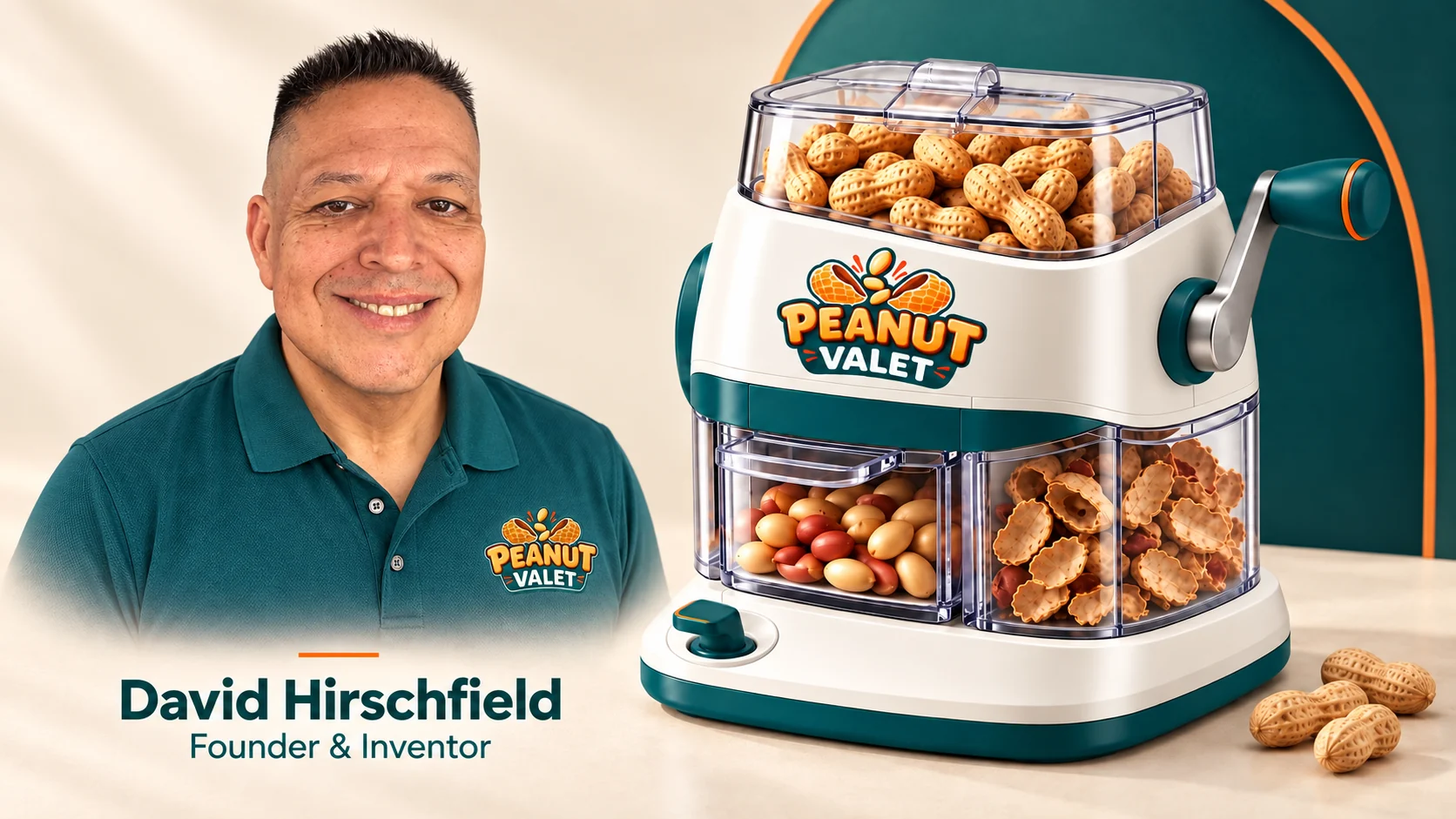 David Hirschfield, Founder & Inventor of Peanut Valet, beside the Peanut Valet peanut-shelling machine.