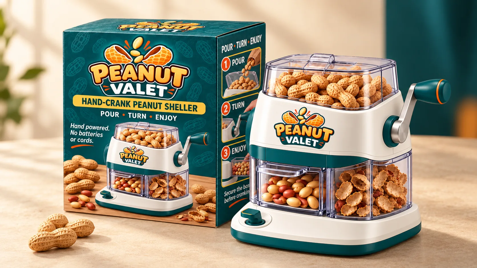 Peanut Valet product rendering beside its matching teal retail packaging.